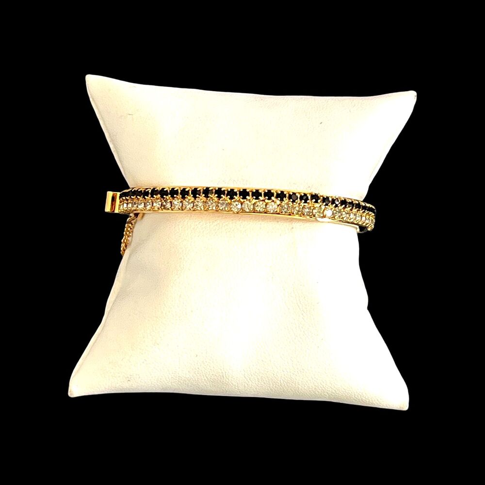 Vintage 1960s Hinged Clamper Bracelet Black & Clear Rhinestone Gold Tone - 15E